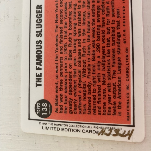 Topps Laminated Limited Edition 1991 Commemorative Babe Ruth Baseball ⚾️Card - Picture 9 of 10